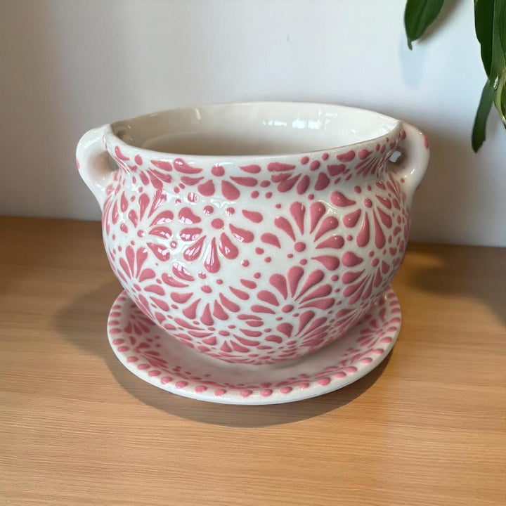 Dainty White and Pink Hand Painted Planter Pot with Handles & Saucer