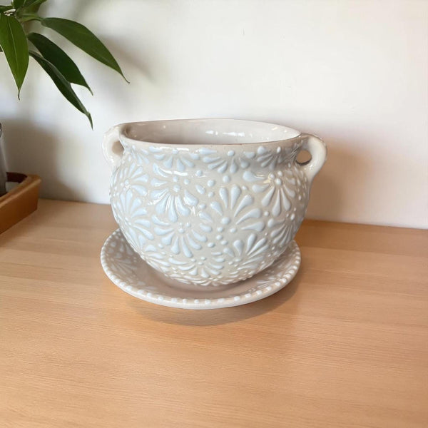 Dainty Ivory and White Hand Painted Planter Pot with Handles & Saucer