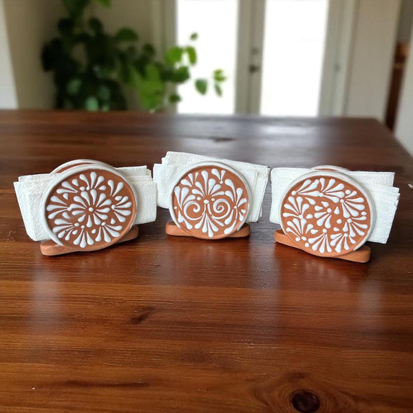 Hand Painted Mexican Rustic Round Brown & White Napkin Holder (Cielito Lindo Inspired) – Varying Design