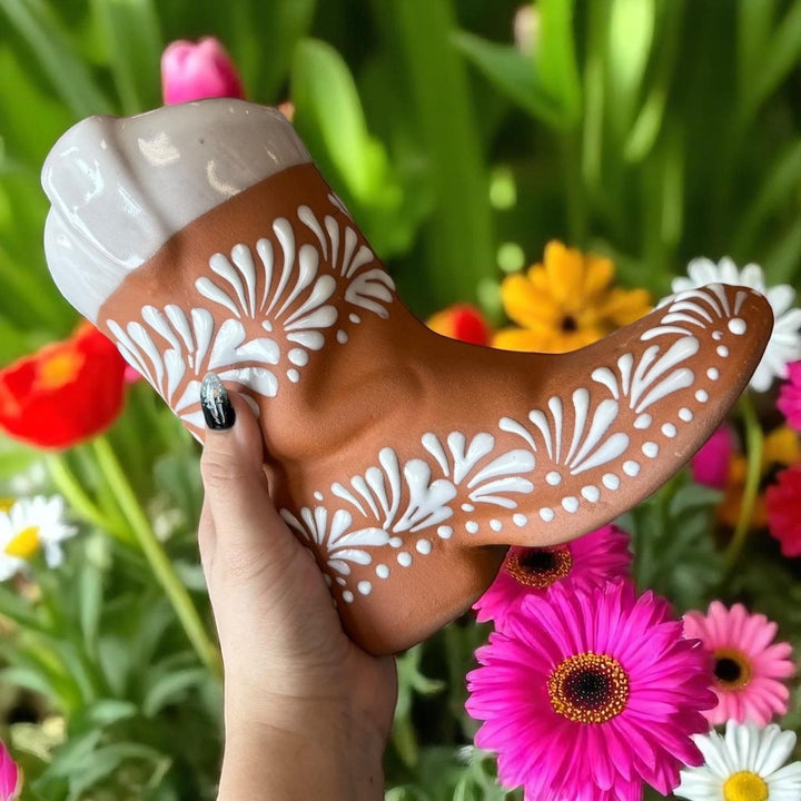 Mexican Cowboy Boot Flower Vase “Bota Vacera” in Brown Clay and White