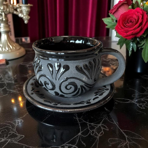 Hand Painted Black on Black Clay Tea Cup and Saucer (Cielito Lindo Inspired)
