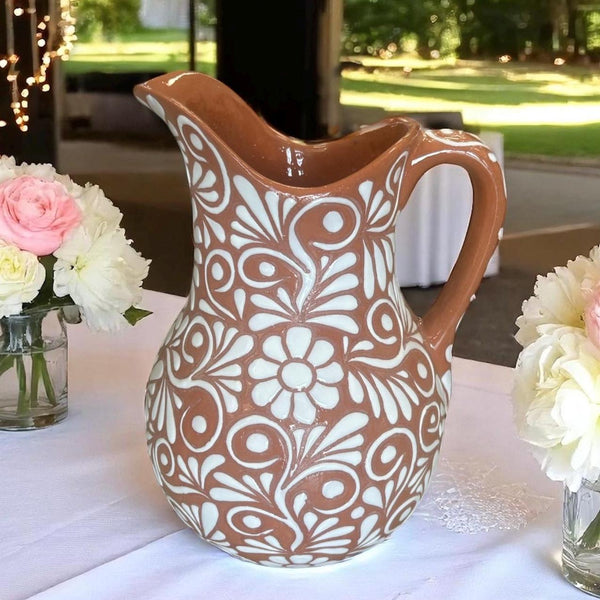 Hand Painted Mexican Talavera Floral Vines Brown and White Pitcher