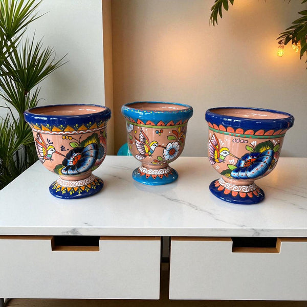 Beautiful Hand Painted Wine Glass Hummingbird Planter Pot – Assorted Designs in Medium