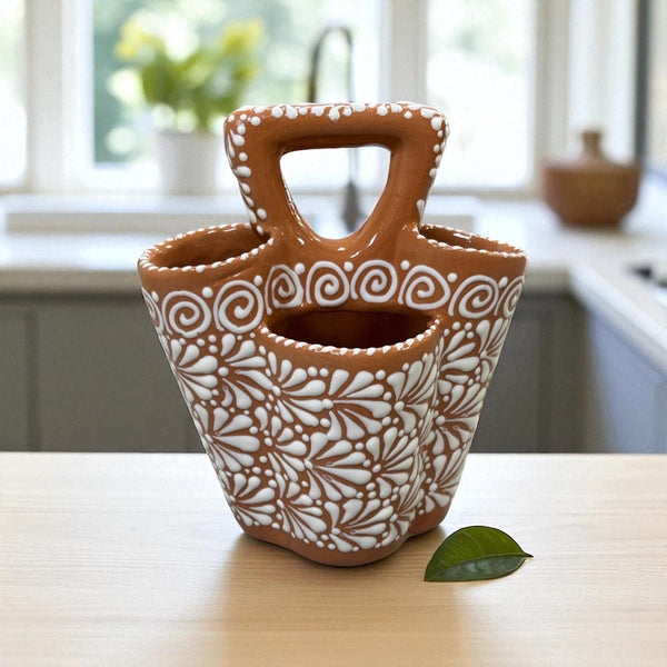 Hand Painted Mexican Talavera Brown and White Utensil Holder with Handle (Cielito Lindo Inspired)