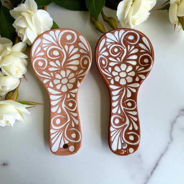 Hand Painted Talavera Brown and White Floral Rustic Spoon Rest