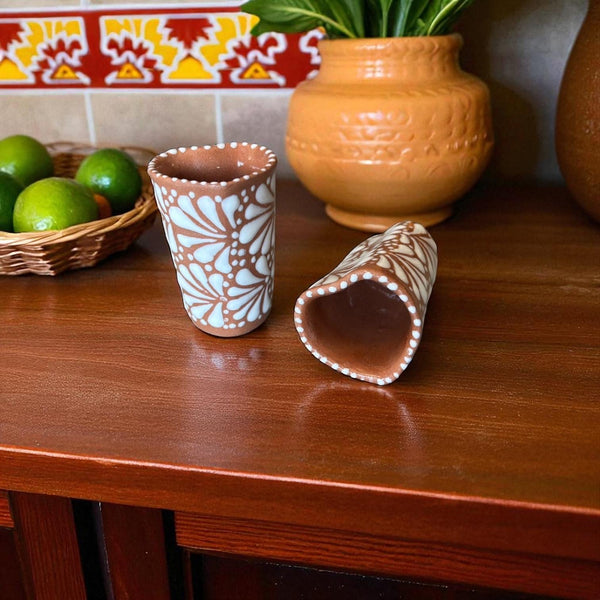 Handmade Talavera Brown and White Heart Shot Glass “Tequilero” – Set of 2 (Cielito Lindo Inspired)