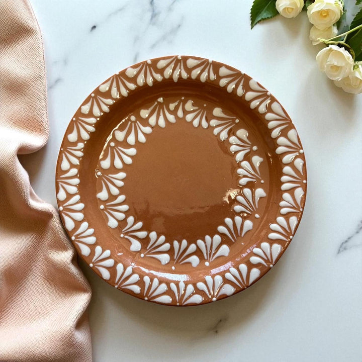 Hand Painted Mexican Brown Clay and White Round Plate (Cielito Lindo Inspired) – Set of 2