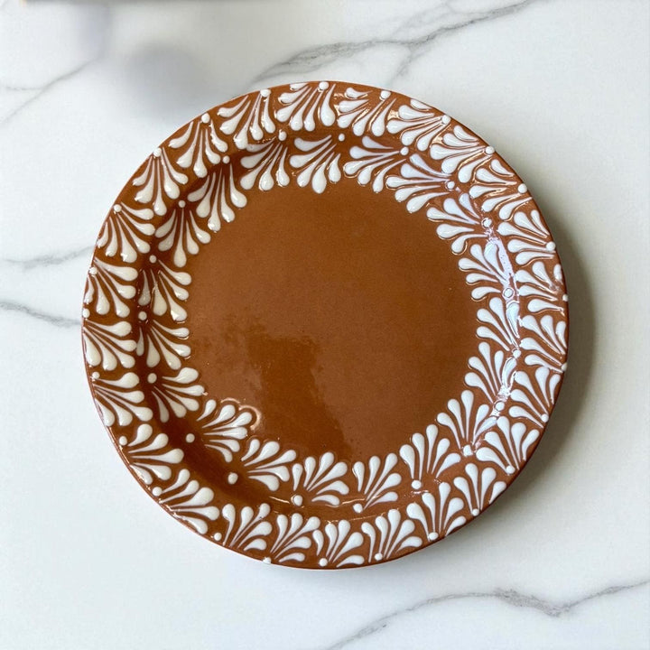 Hand Painted Mexican Brown Clay and White Round Plate (Cielito Lindo Inspired) – Set of 2