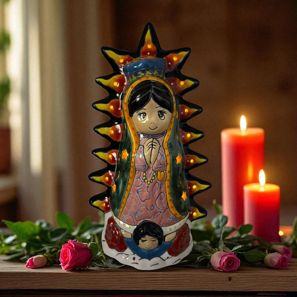Cute Hand Painted Virgin of Guadalupe Talavera Candle Light Figure (Varying Design)