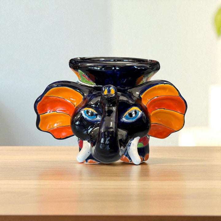 Cute Hand Painted Talavera Dark Blue Elephant Outdoor Planter Pot (Varying Design)