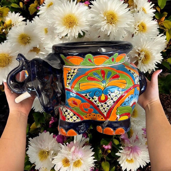 Cute Hand Painted Talavera Dark Blue Elephant Outdoor Planter Pot (Varying Design)