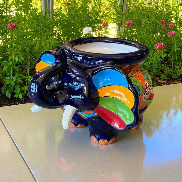 Cute Hand Painted Talavera Dark Blue Elephant Outdoor Planter Pot (Varying Design)
