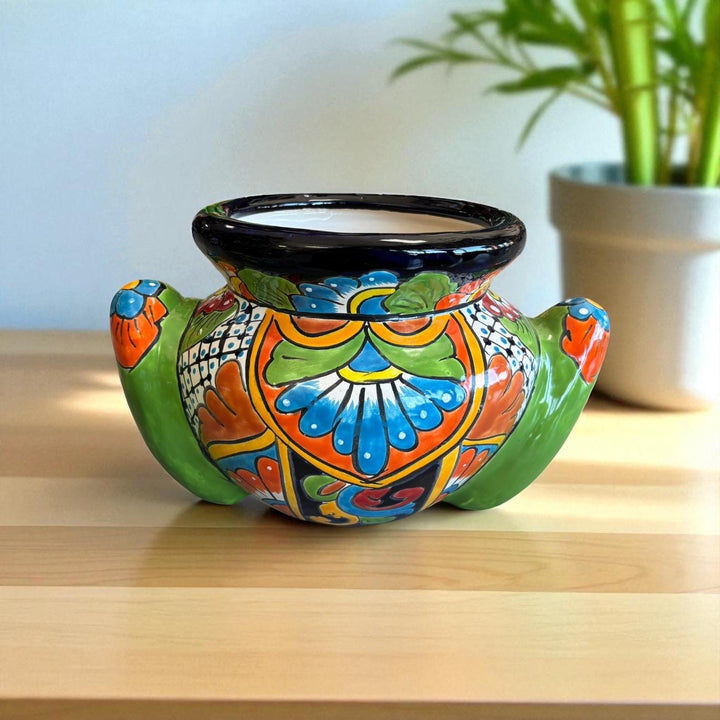 Hand Painted Talavera Vibrant Green Frog Outdoor Planter Pot (Varying Design)