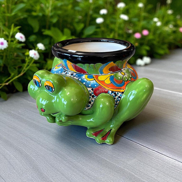Hand Painted Talavera Vibrant Green Frog Outdoor Planter Pot (Varying Design)