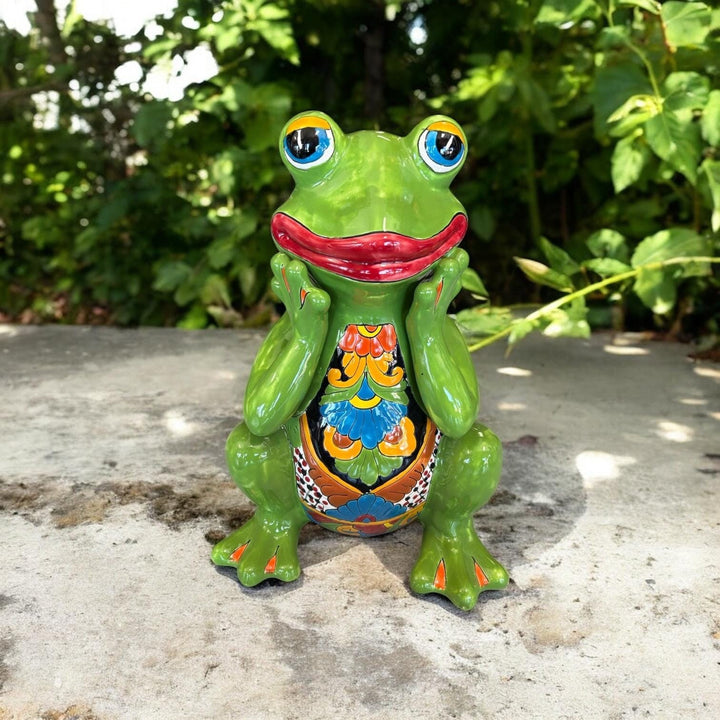 Hand Painted Talavera Vibrant Sitting Green Frog Outdoor Sculpture (Varying Design)