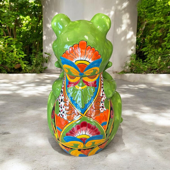 Hand Painted Talavera Vibrant Sitting Green Frog Outdoor Sculpture (Varying Design)