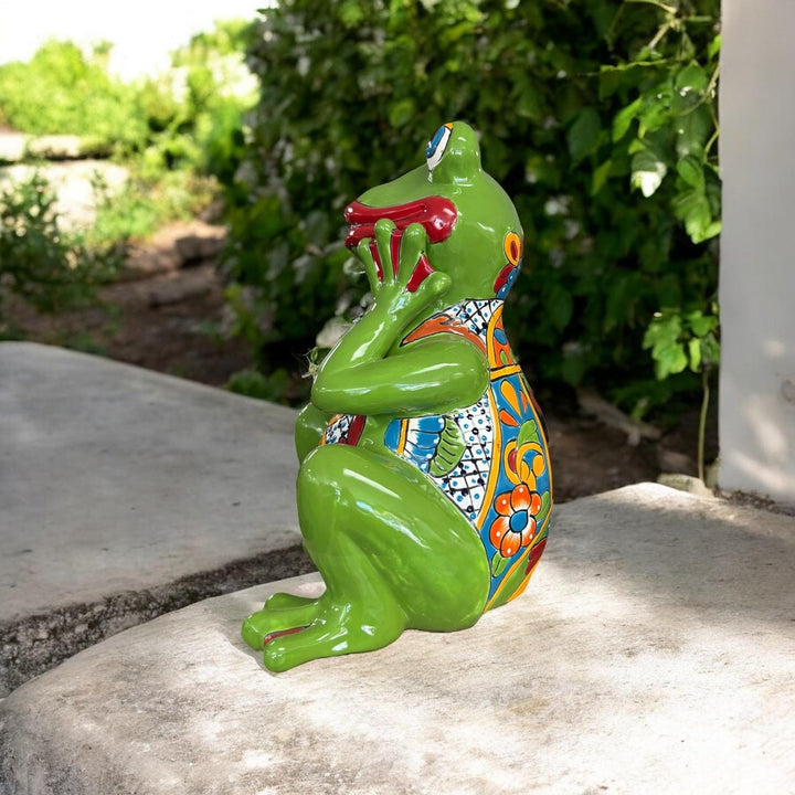 Hand Painted Talavera Vibrant Sitting Green Frog Outdoor Sculpture (Varying Design)