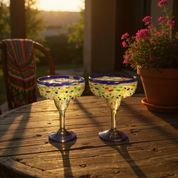 Hand Blown Mexican Colorful Pebble Blue Rim Margarita Glass “Copa Margarita de Piedritas” (Set of 2)