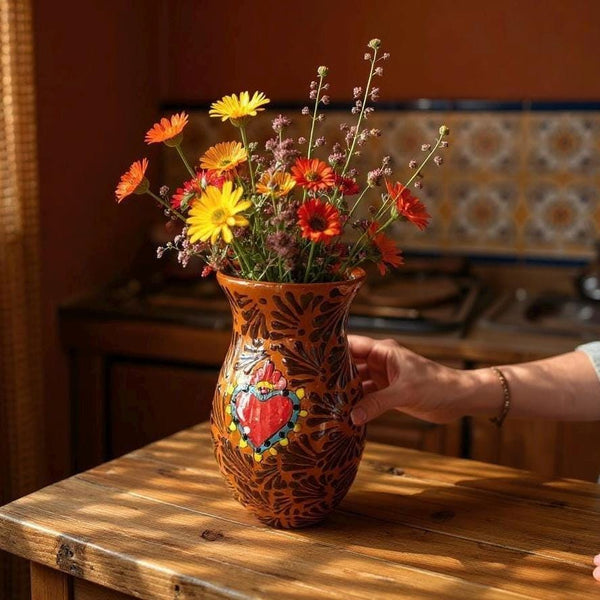 Hand Painted Mexican Chocolate and Dark Brown Corazon Sagrado Heart Vase (Cielito Lindo Inspired)