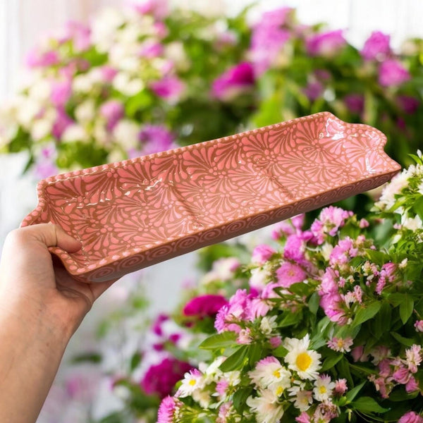 Handmade Mexican Talavera Pink on Brown Rustic Snack Tray with 3 Compartments (Cielito Lindo Inspired)