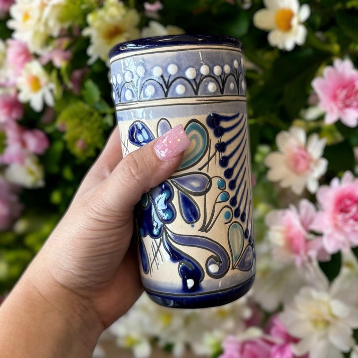 Beautiful Hand Painted Ivory & Dark Blue Floral Talavera Pitcher and 6 Cups Set