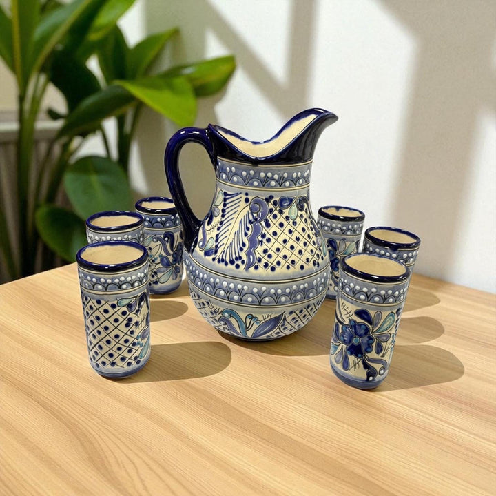 Beautiful Hand Painted Ivory & Dark Blue Floral Talavera Pitcher and 6 Cups Set