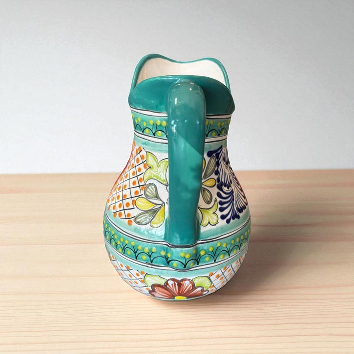 Beautiful Hand Painted Teal & Ivory Floral Talavera Pitcher and 6 Cups Set