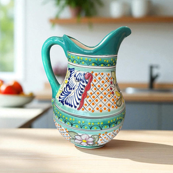 Beautiful Hand Painted Teal & Ivory Floral Talavera Pitcher and 6 Cups Set