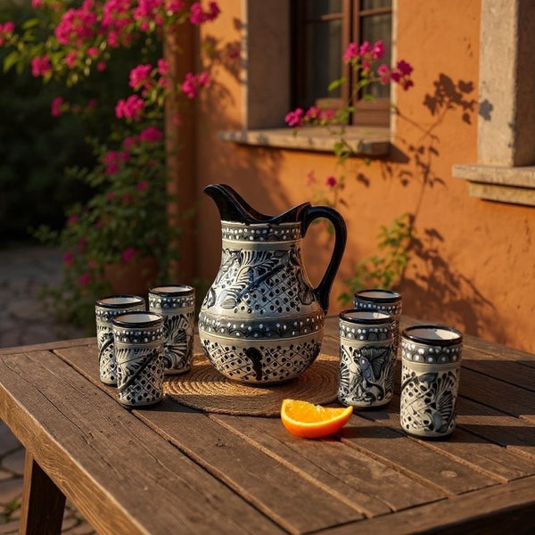 Beautiful Hand Painted Ivory & Black Floral Talavera Pitcher and 6 Cups Set