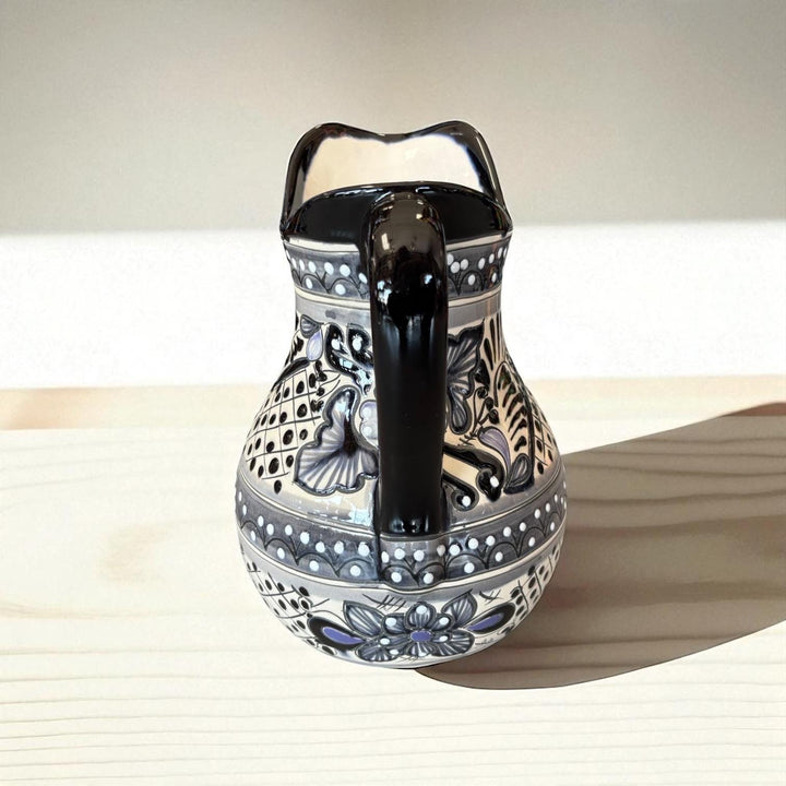 Beautiful Hand Painted Ivory & Black Floral Talavera Pitcher and 6 Cups Set
