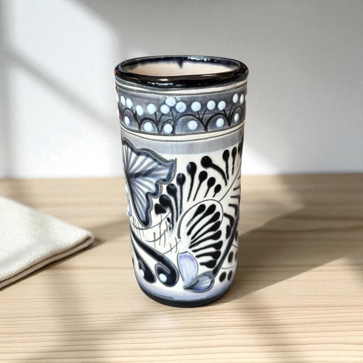 Beautiful Hand Painted Ivory & Black Floral Talavera Pitcher and 6 Cups Set