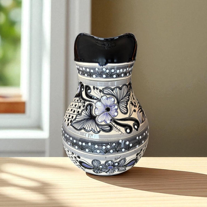 Beautiful Hand Painted Ivory & Black Floral Talavera Pitcher and 6 Cups Set