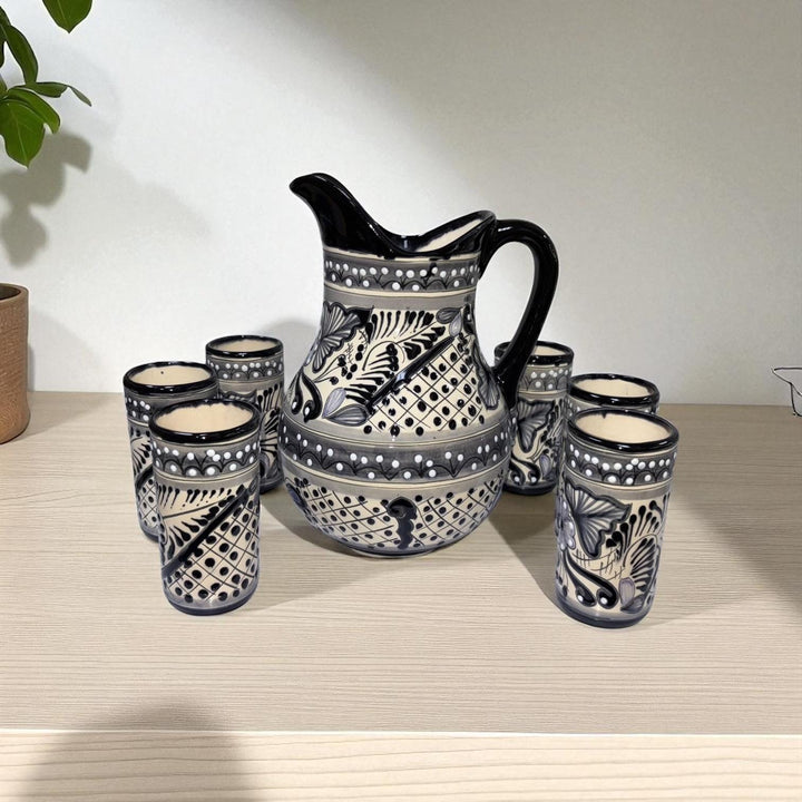 Beautiful Hand Painted Ivory & Black Floral Talavera Pitcher and 6 Cups Set