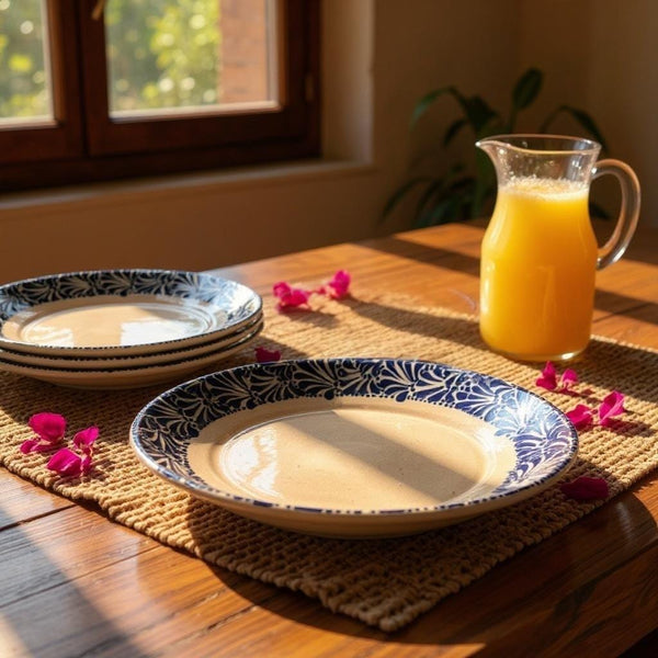 Rustic Hand Painted Talavera Beige and Dark Blue Dinner Plates – Set of 2