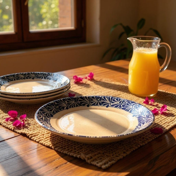 Rustic Hand Painted Talavera Beige and Dark Blue Dinner Plates – Set of 2