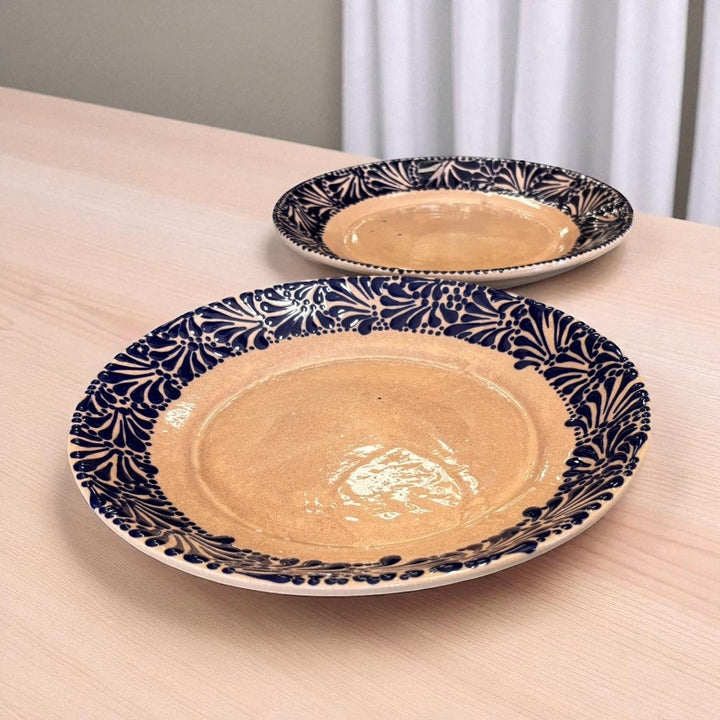 Rustic Hand Painted Talavera Beige and Dark Blue Dinner Plates – Set of 2