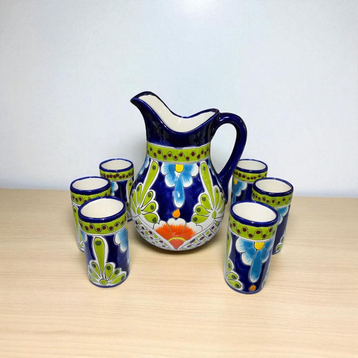 Beautiful Hand Painted Dark Blue & Multicolor Floral Talavera Pitcher and 6 Cups Set