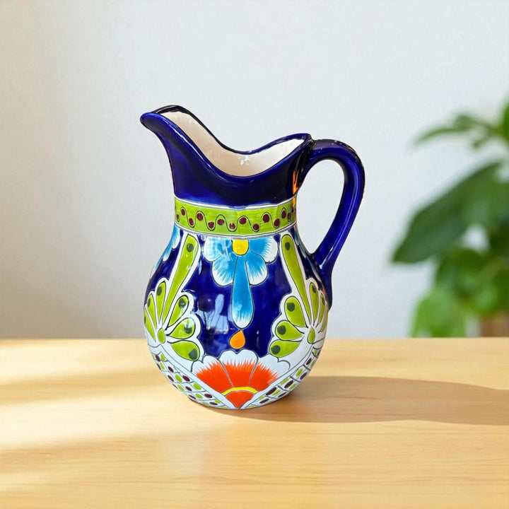 Beautiful Hand Painted Dark Blue & Multicolor Floral Talavera Pitcher and 6 Cups Set