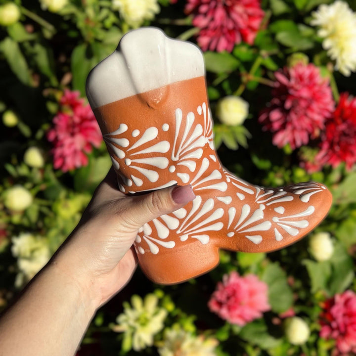 Cute Mexican Cowboy Rustic Boot Flower Vase “Bota Vacera” in Brown Clay and White (Cielito Lindo Inspired)