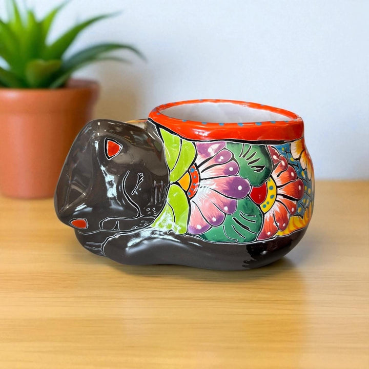 Cute Hand Painted Talavera Sleeping Cat Planter Pot – Assorted Colors (Varying Design)