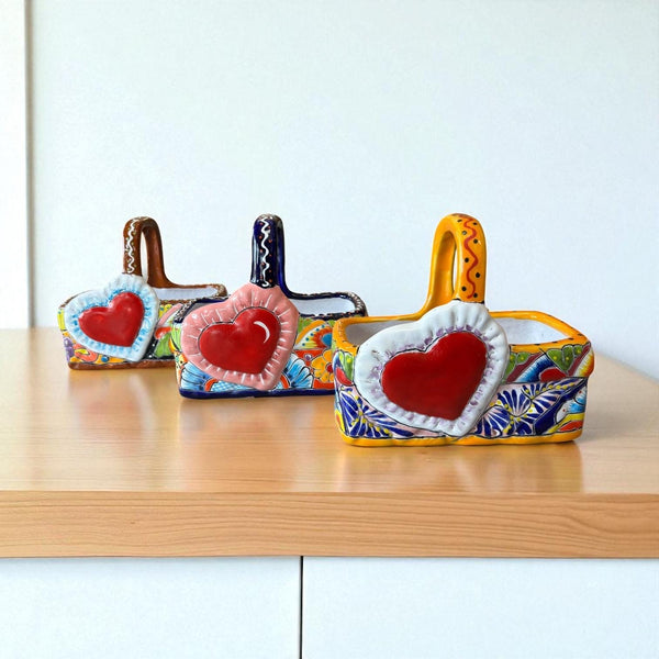 Hand Painted Mexican Talavera Multicolor Heart Basket Planter Pot – Assorted Designs