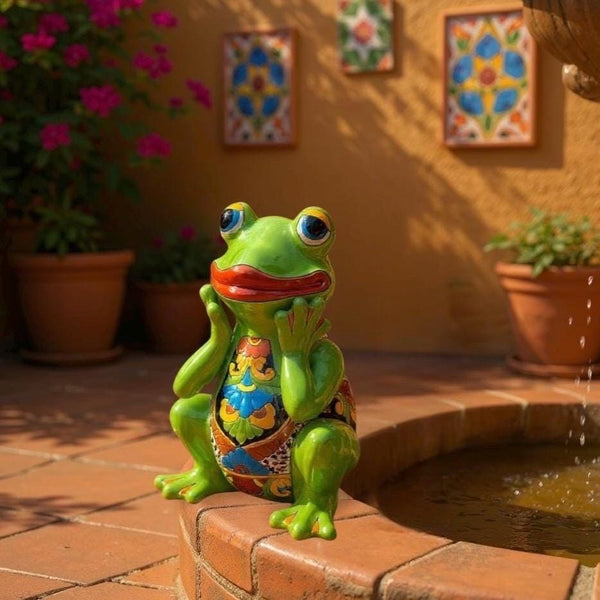 Hand Painted Talavera Vibrant Sitting Green Frog Outdoor Sculpture (Varying Design)