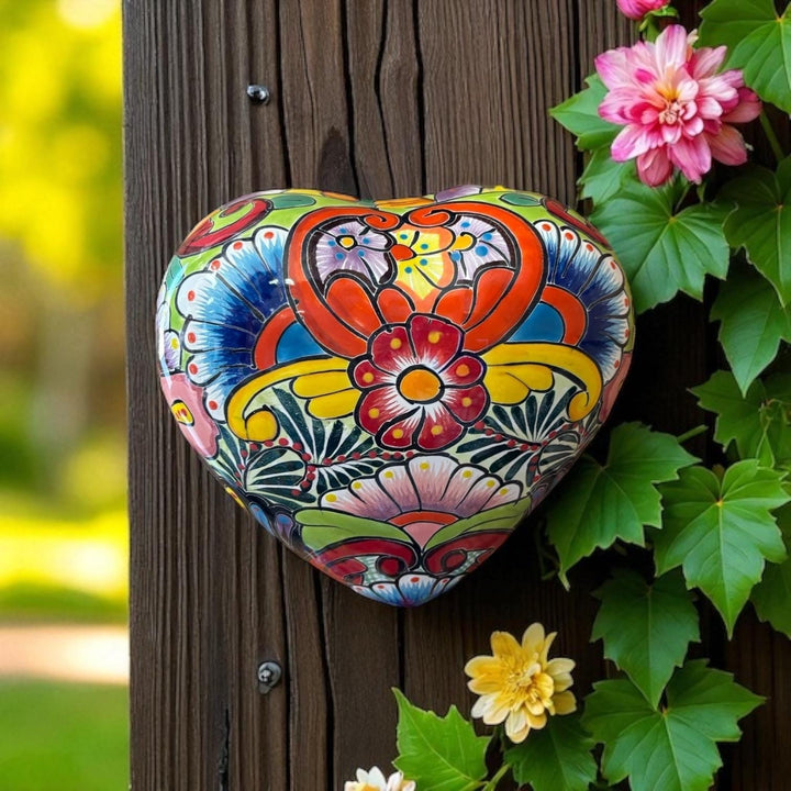 Beautiful Hand Painted Talavera Heart Garden Stone Wall Decor – Assorted Designs
