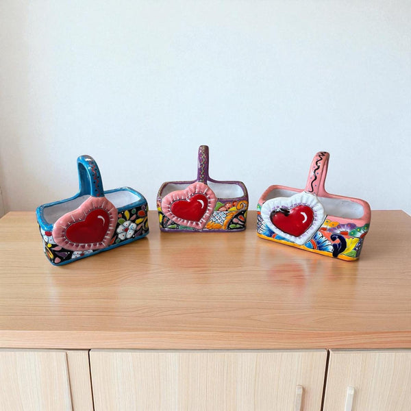 Hand Painted Mexican Talavera Multicolor Heart Basket Planter Pot – More Assorted Designs