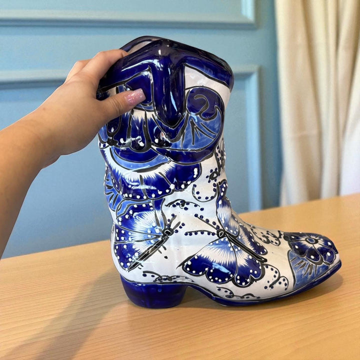 Handpainted Talavera Blue & White Butterfly Cowboy Boot Planter “Bota Vacera” (Varying Design)