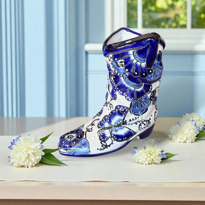 Handpainted Talavera Blue & White Butterfly Cowboy Boot Planter “Bota Vacera” (Varying Design)