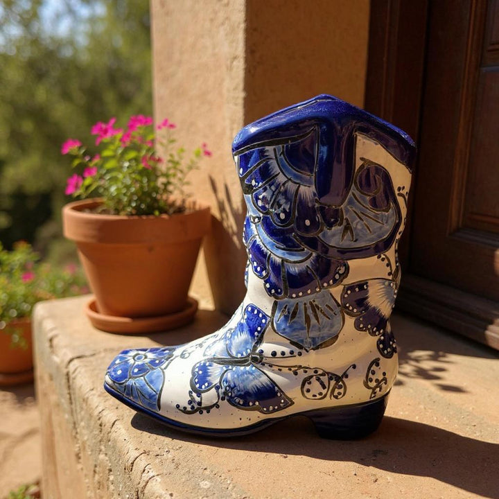 Handpainted Talavera Blue & White Butterfly Cowboy Boot Planter “Bota Vacera” (Varying Design)