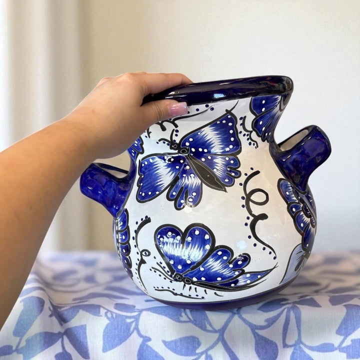 Beautiful Hand Painted Talavera Blue & White Butterfly Planter Pot with Handles (Varying Design)