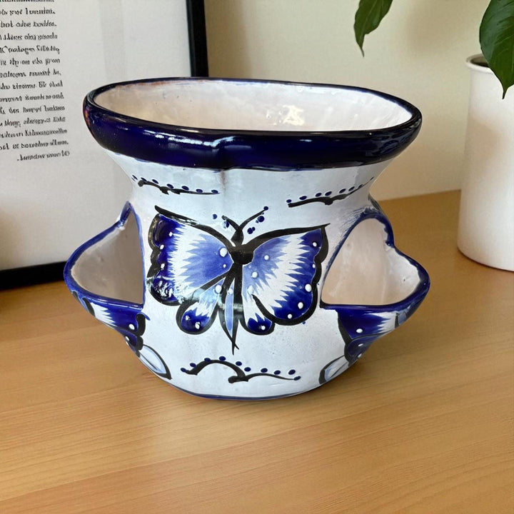 Beautiful Hand Painted Dark Blue and White Butterfly Strawberry Planter (Varying Design)