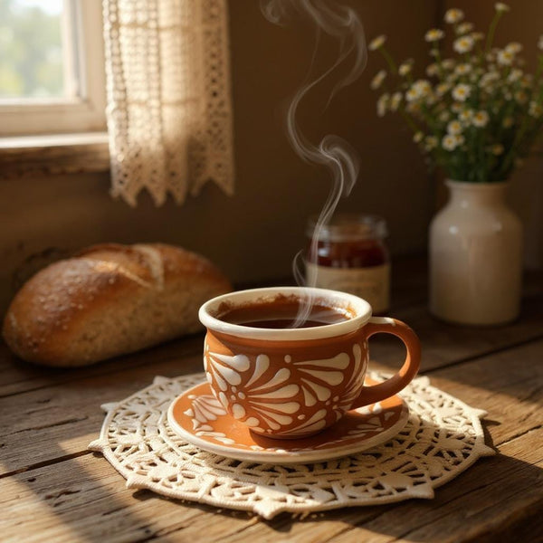 Hand Painted Brown Clay and White Rustic Tea Cup and Saucer Set (Cielito Lindo Inspired)